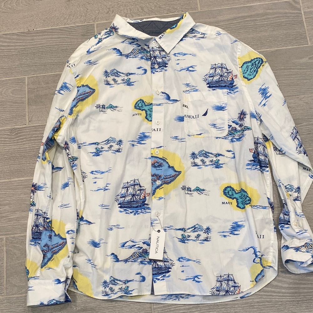 Nautica Men's Blue and Yellow Map Print Hawaii Shirt Sz 3XL NWT